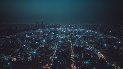 Smart digital Innovation city with connection network reciprocity over the cityscape. of future smart wireless digital city and social media networking systems that connects people with in city