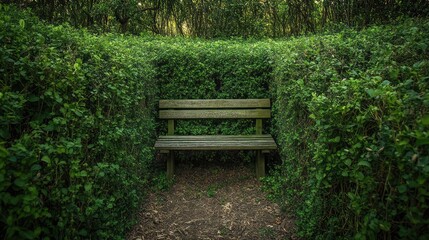 A wooden bench concealed within a hedge labyrinth, blending perfectly with the greenery and hidden from casual view