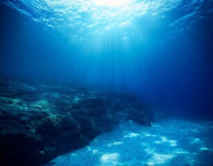 Fototapeta premium Underwater Ocean - Blue Abyss With Sunlight - Diving And Scuba Background