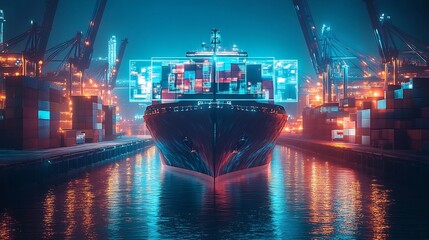 Futuristic Cargo Ship Docked in Neon Lit Harbor with Interactive Holographic Logistics Analytics