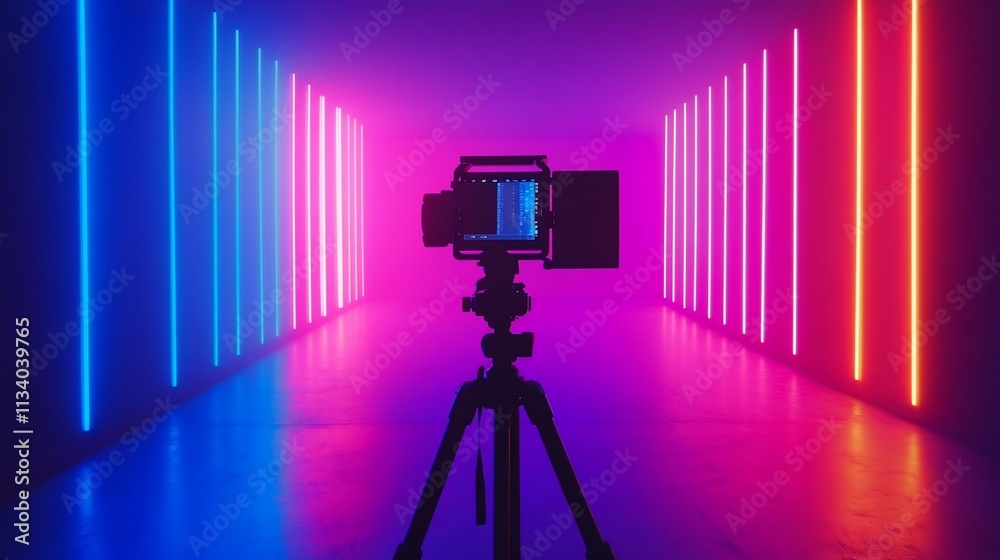 Poster A camera on a tripod in a colorful, illuminated corridor.