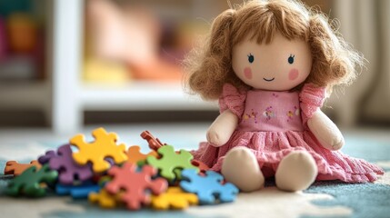 Cute rag doll sitting amidst colorful puzzle pieces on a rug.