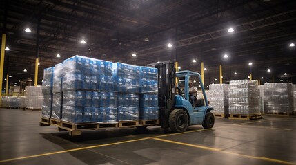 Pallets of bottled water being efficiently loaded onto trucks in an industrial warehouse setting representing the logistical and distribution of essential goods