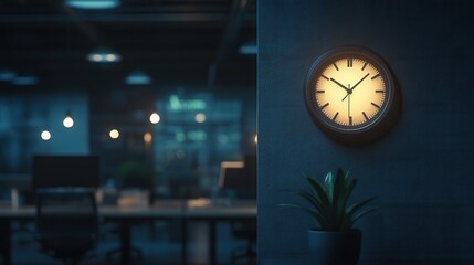 Midnight reflections quiet office clock ticking in modern workspace nighttime serenity minimalism