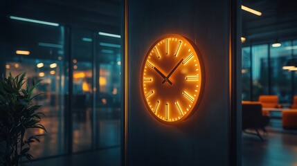Illuminated wall clock displaying time modern office interior photography contemporary environment close-up view time management concept