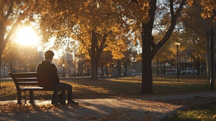 Man sits alone on park bench at golden hour, autumn leaves fall around.