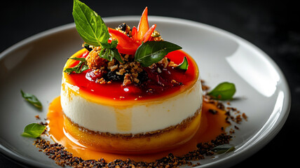 Layered caramel dessert fresh herbs elegant plating. Luxury dining, culinary creativity, gourmet art