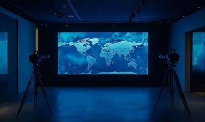 A dark room featuring a world map display and cameras for capturing visuals.