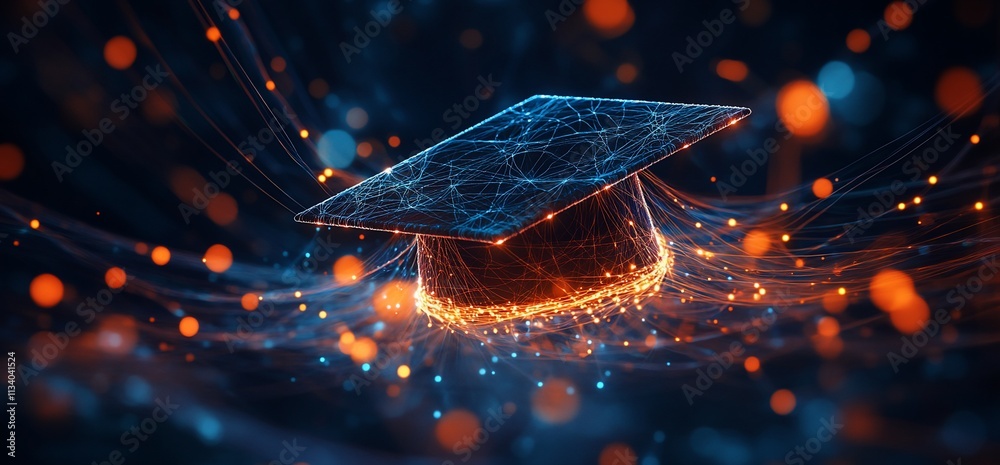 Poster a digital graduation cap surrounded by glowing particles and lines.