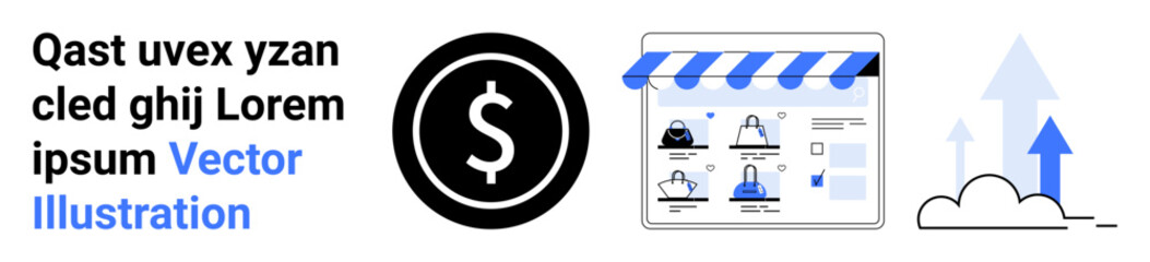 Dollar sign, storefront webpage with user profiles, and upward arrows signify financial growth. Ideal for e-commerce, online business, digital marketing, profit strategies, growth tactics, SEO