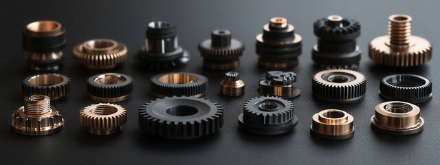 Industrial gear assembly process workshop photographic collection dark environment close-up view mechanical precision