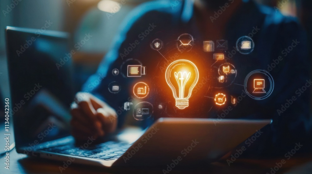 Aufkleber A person working on a laptop with a glowing light bulb symbolizing ideas and innovation.