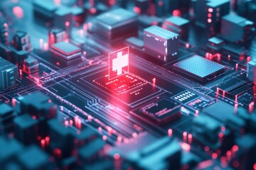 Obraz premium Digital Health Technology Concept with Neon Cross Symbol on Circuit Board Illustrating Innovation in Medical Software and Electronic Healthcare Solutions