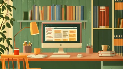 Cozy home office with computer, books, and plants.