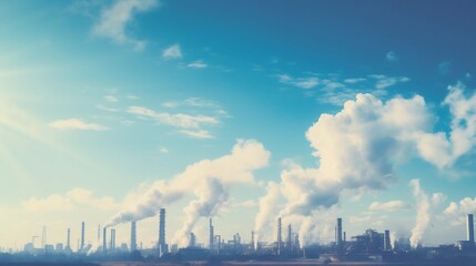 Obraz premium Majestic oil refinery towers emitting billowing steam under a clear bright blue sky The industrial landscape showcases the power and scale of modern energy production