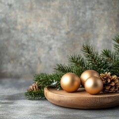 A serene arrangement featuring golden ornaments and pinecones on a wooden platter, surrounded by evergreen branches, ideal for holiday-themed promotions, home decor ideas, or festive invitations,