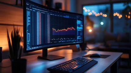 Data analysis in a modern workspace home office digital display evening ambience close-up view technology insights