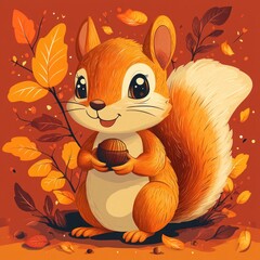 Fototapeta premium A cheerful cartoon squirrel holding an acorn amidst autumn leaves and a vibrant background.