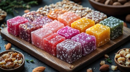 Vibrant Colorful Turkish Delight Cubes on Wooden Board