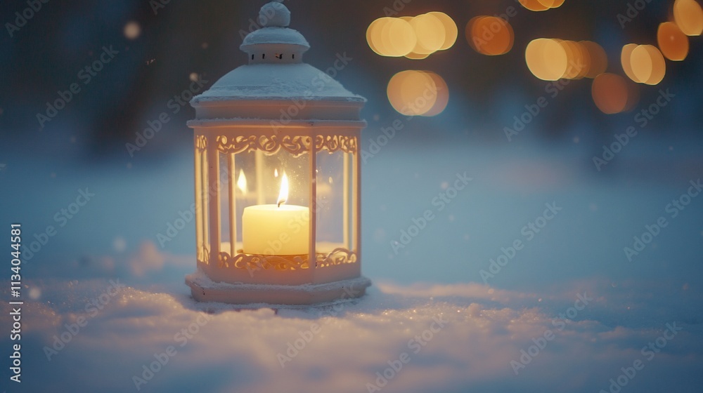 Poster a lantern with a candle glowing in the snow, creating a cozy winter atmosphere.