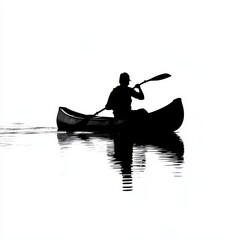 A silhouette of a person paddling a canoe on a river