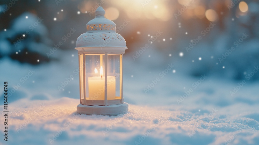 Poster a lantern with a candle glowing in the snow, creating a cozy winter atmosphere.