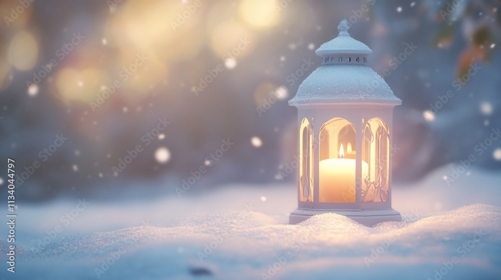 Poster a lantern glowing softly in the snow, creating a warm, inviting atmosphere.