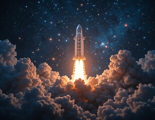 Fototapeta premium A holographic projection of a glowing rocket launching into space