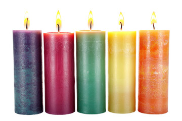 Five Colorful Lit Candles Isolated on PNG Transparent Background