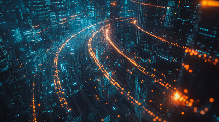 Fototapeta premium Smart digital Innovation city with connection network reciprocity over the cityscape. of future smart wireless digital city and social media networking systems that connects people with in city