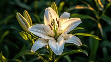 Fototapeta premium Stunning white lily flower in sunlight, with delicate petals and dark stamens, surrounded by greenery.