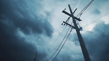 Fototapeta premium Storm damage to power lines disrupts electricity supply, highlighting the vulnerability of infrastructure during extreme weather conditions and the importance of resilience in modern society.