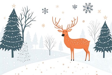 a christmas image of a reindeer in the snowy forest, white background