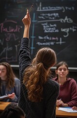 Student Raises Hand in Classroom Asking Question,  Engaged Learning Environment,  Education Concept