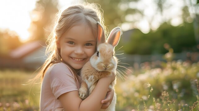 Young Girl Cuddling a Brown Bunny in a Sunlit Garden Setting