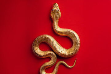 Obraz premium Golden snake on red background, Chinese New Year, year of the snake