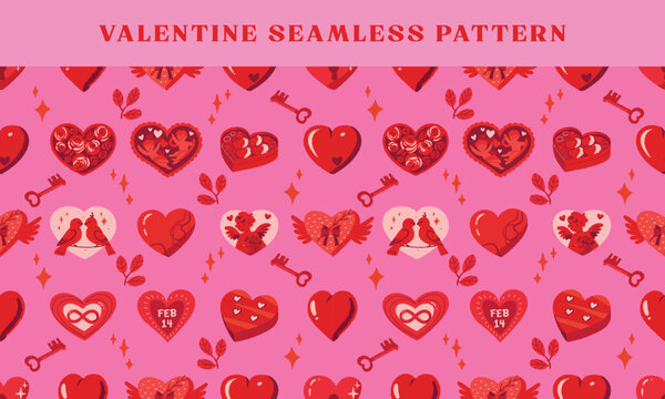 seamless pattern valentine playful whimsical doodle style heart symbol, perfect for valentine's day designs on pink background.