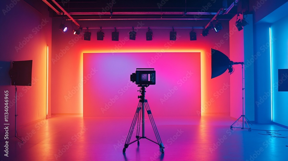 Poster a modern photography studio with colorful lighting and a camera setup.