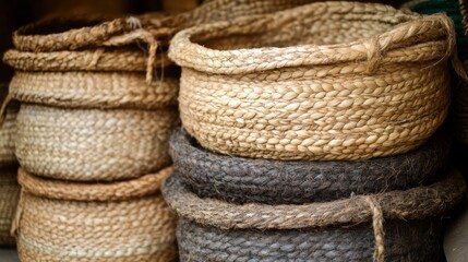 Obraz premium Stack of Woven Straw Baskets with a Darker Basket in the Middle