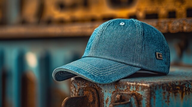 Stylish denim baseball cap resting on a rusty metal surface.