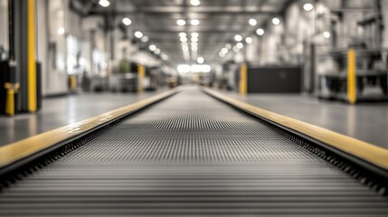 Industrial conveyor system operation warehouse environment process focus aerial view modern manufacturing concept