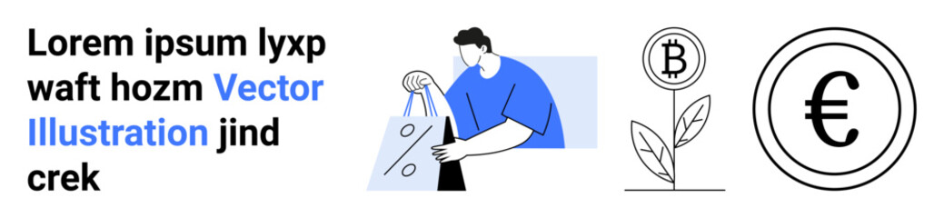 Man handling a glass panel, Bitcoin plant, Euro coin, and placeholder text. Ideal for fintech, investments, cryptocurrency, financial growth, digital economy business strategies and economic