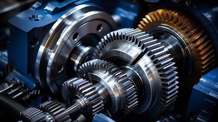 High definition photograph showcasing the intricate steel gears and complex machinery found within an industrial production facility