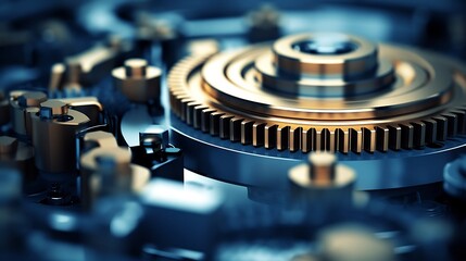 Detailed view of the intricate network of steel gears cogs and machinery components within an industrial production facility