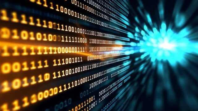 Abstract digital binary code background in blue and orange colors.