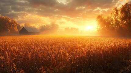 Fototapeta premium Golden Sunrise over Wheat Field and Rustic Barn