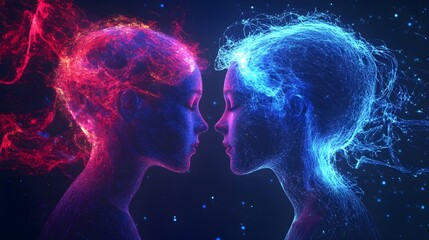 Robots or artificial intelligence AI connects interactions with humans. Chat bot software network Big data with smart brain building technology system