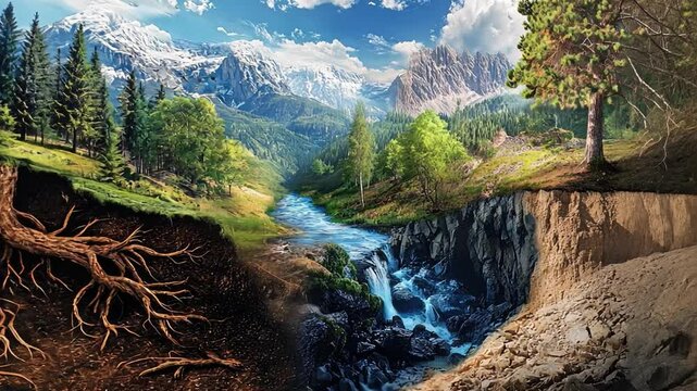 Breathtaking Mountain Valley Landscape: A majestic split view showcasing the serene beauty of a mountain valley, a cascading river, and the intricate root system beneath the surface.