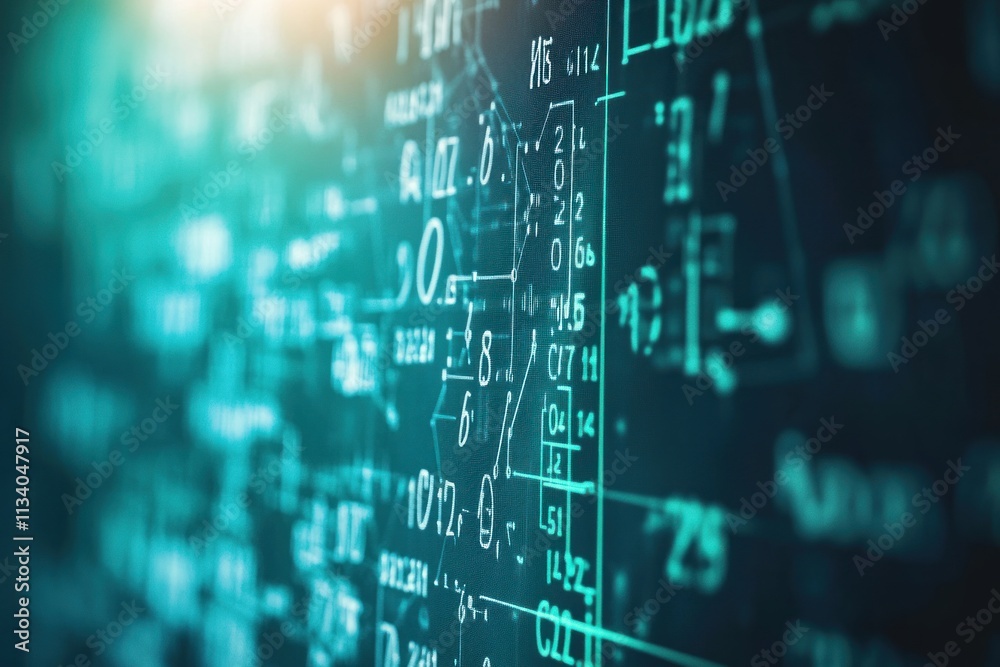 Poster teal abstract background with complex mathematical formulas and equations.