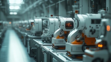 Fototapeta premium Automated robotics action in modern manufacturing facility industrial environment high-tech viewpoint for efficiency and innovation